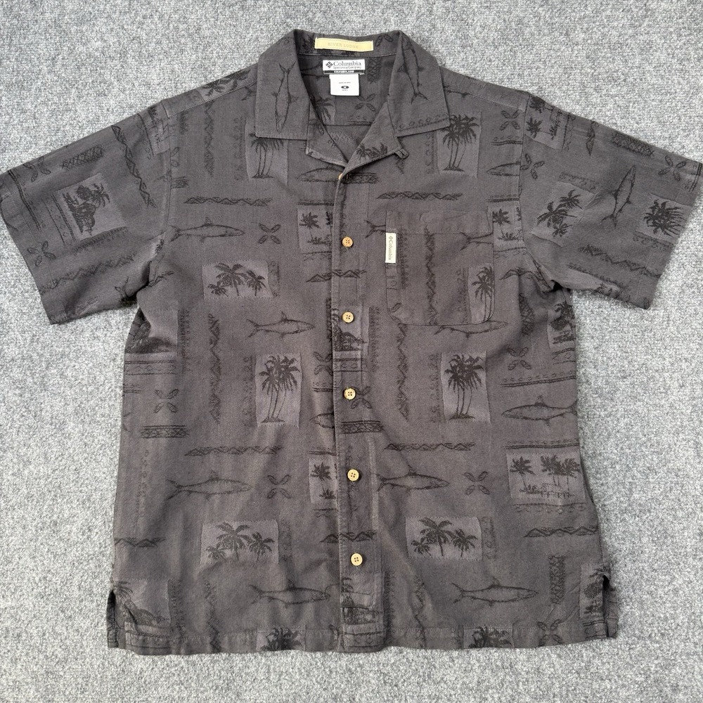 Columbia River Lodge Mens Medium Shirt Shark Palm Tree FM7212 Grey